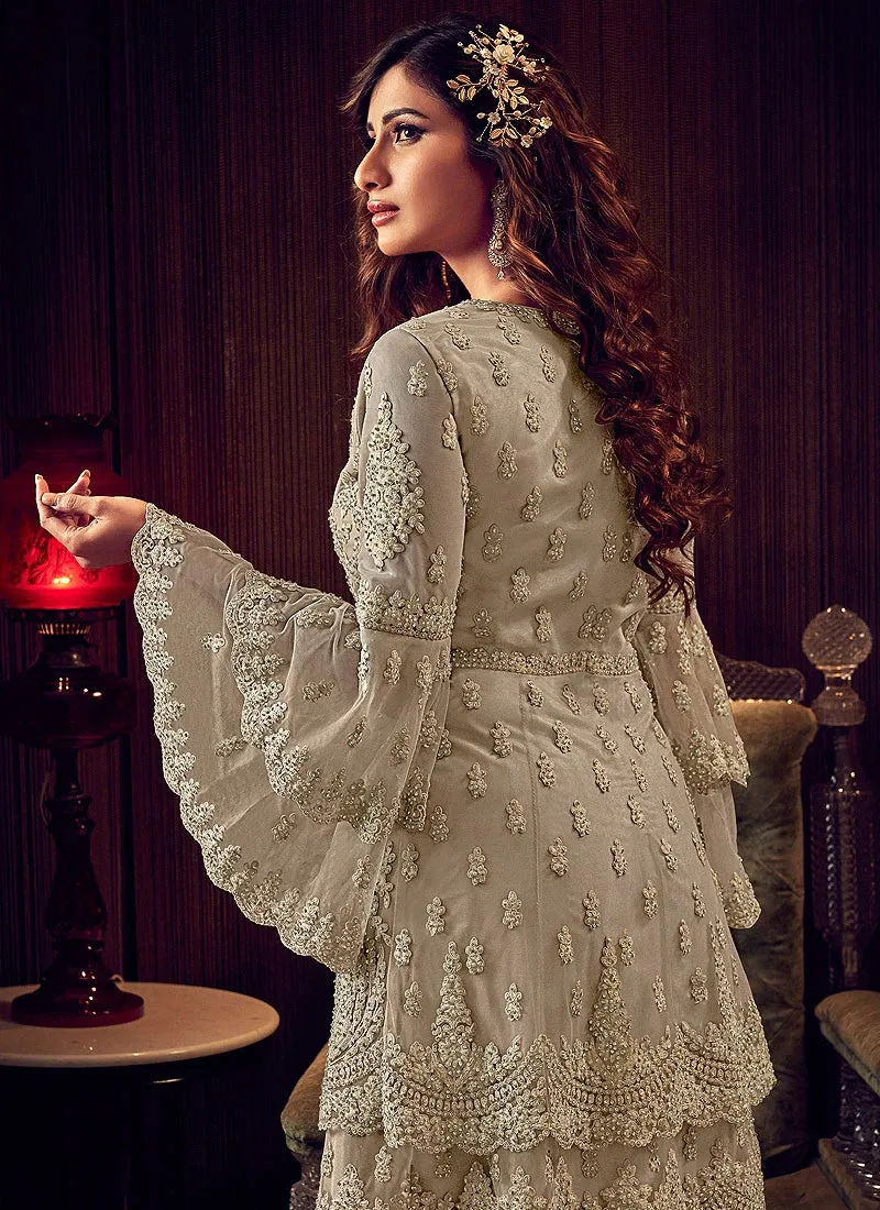 Amazing Beige Embroidered Party Wear Sharara Suit