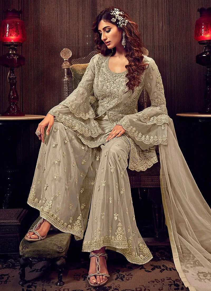 Amazing Beige Embroidered Party Wear Sharara Suit