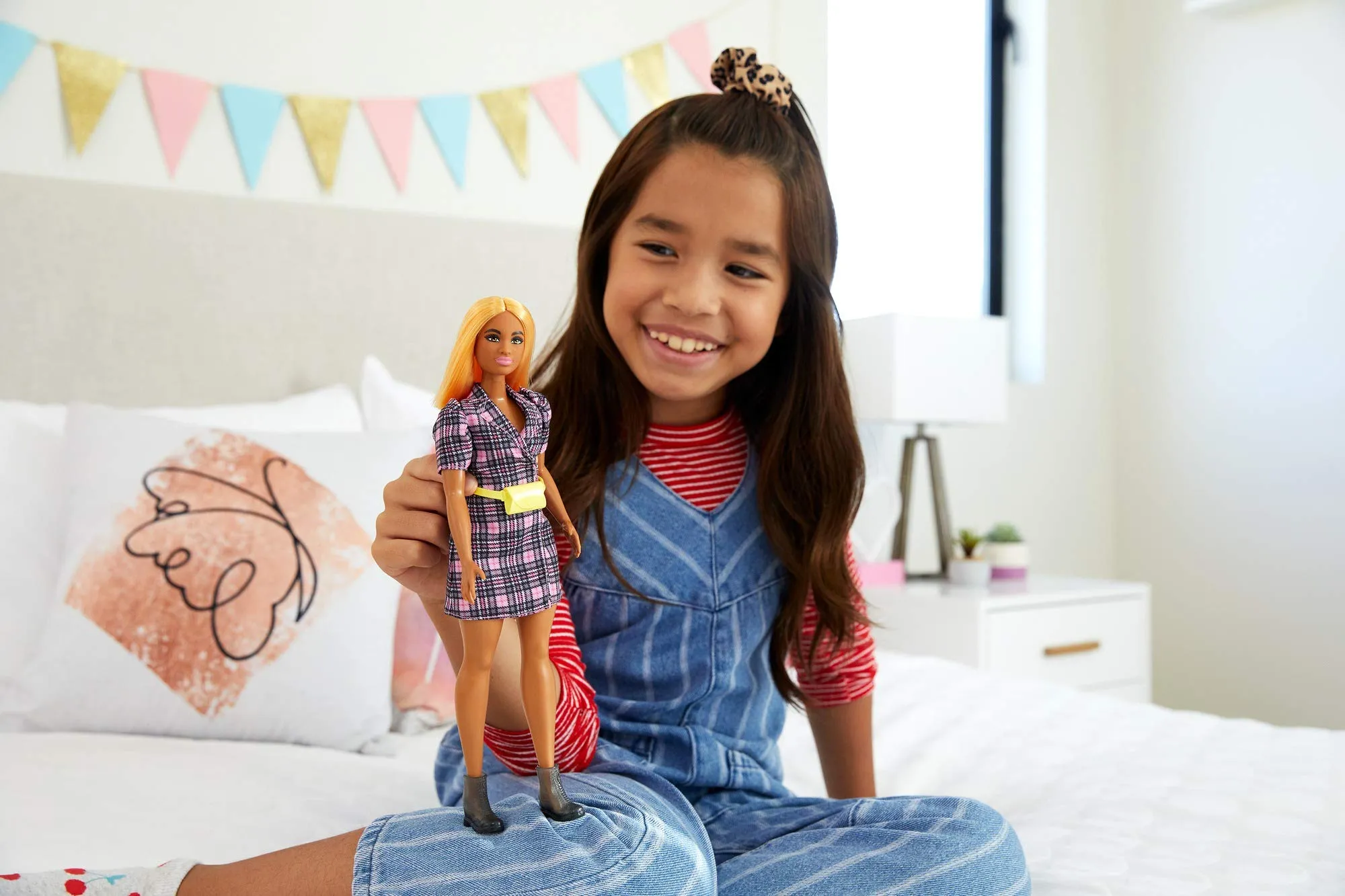 Barbie Fashionistas Doll #161, Curvy with Orange Hair Wearing Pink Plaid Dress, Black Boots & Yellow Fanny Pack