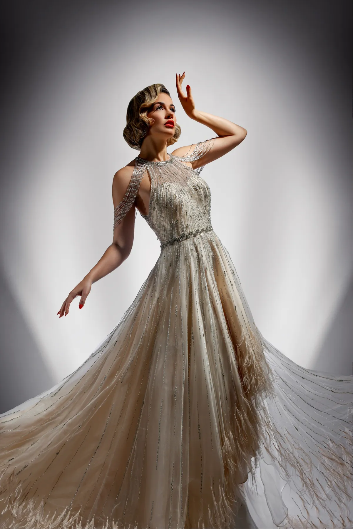 Beaded & Feather Hi Low Gown