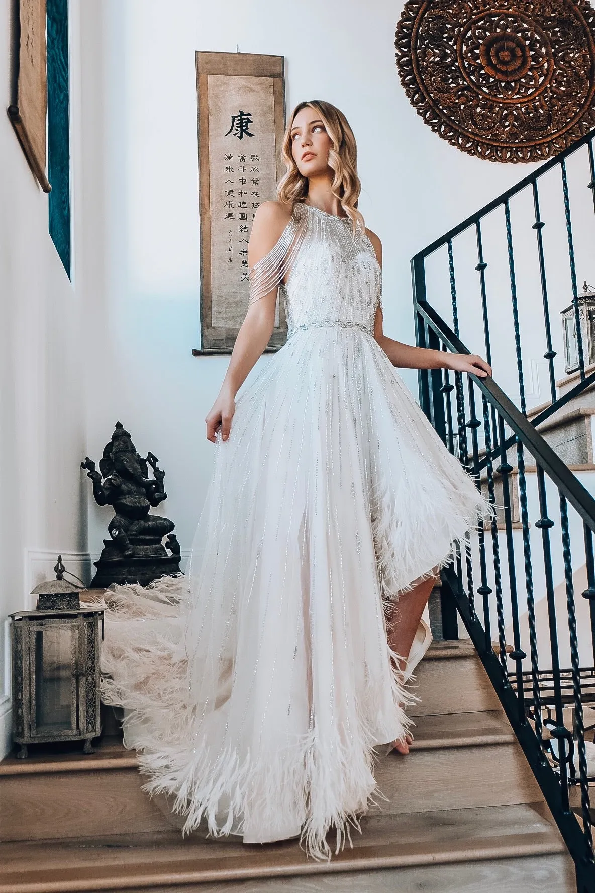 Beaded & Feather Hi Low Gown