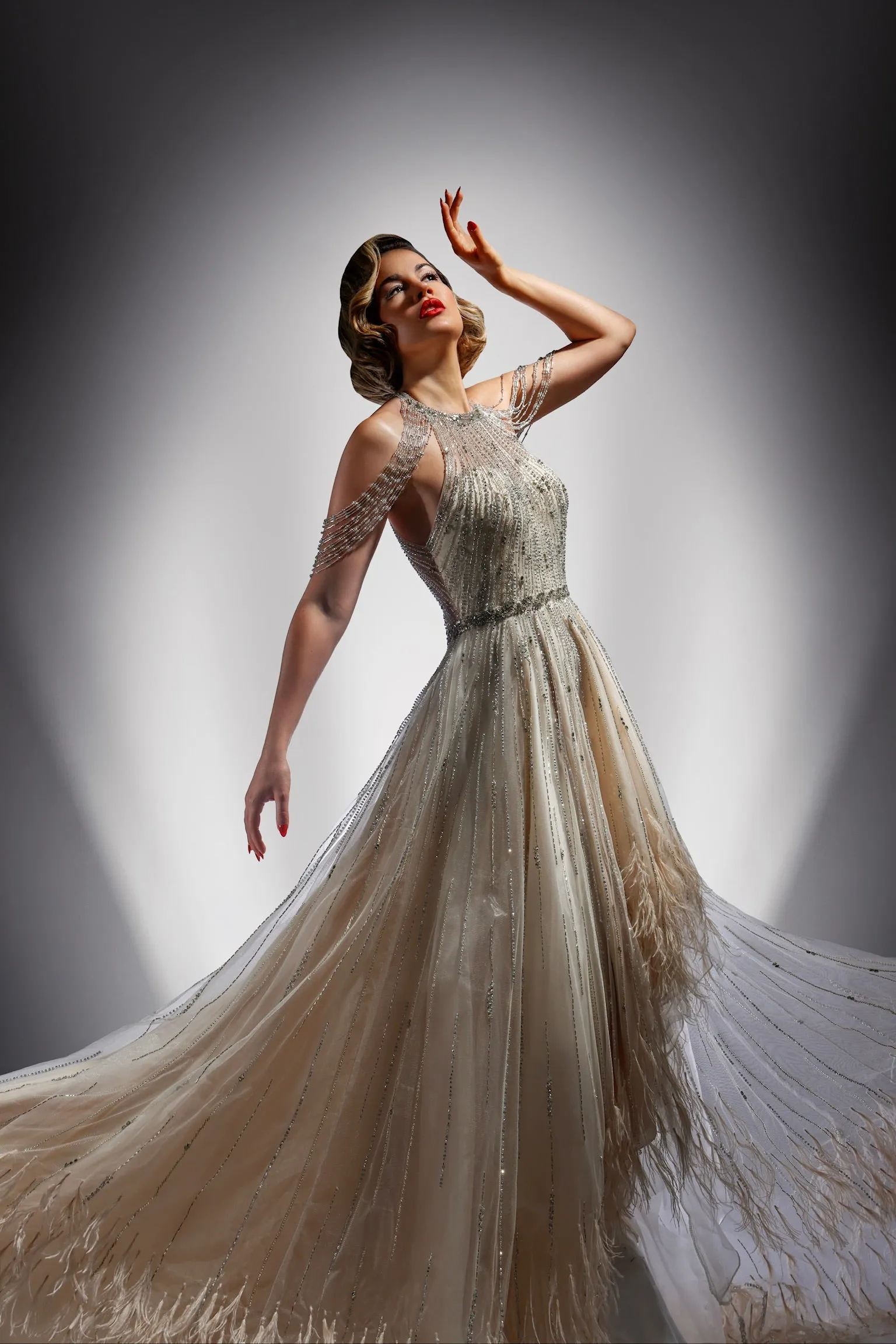 Beaded & Feather Hi Low Gown