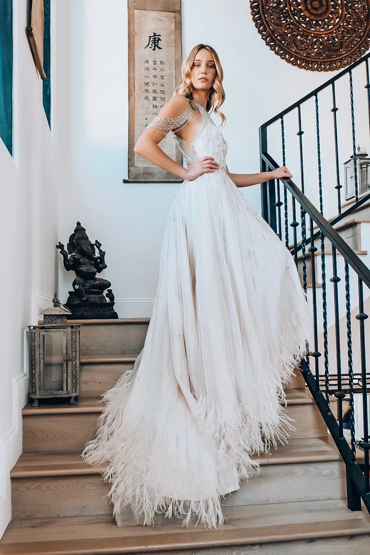 Beaded & Feather Hi Low Gown