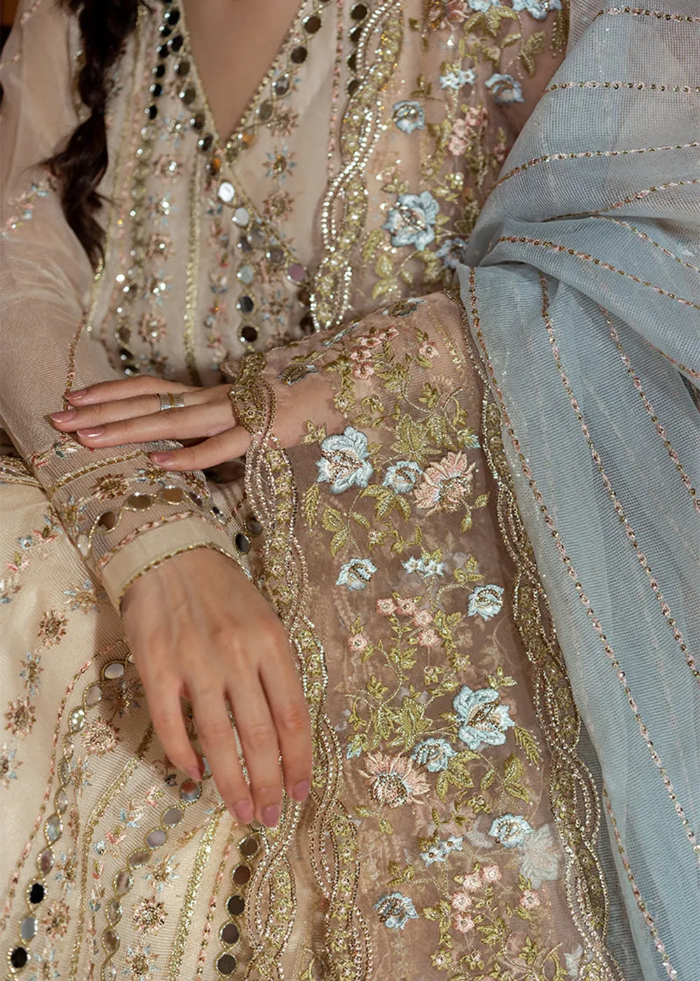 Beige Organza Net Pakistani Suit | Mushq | Qala Kamdaani | Aaima