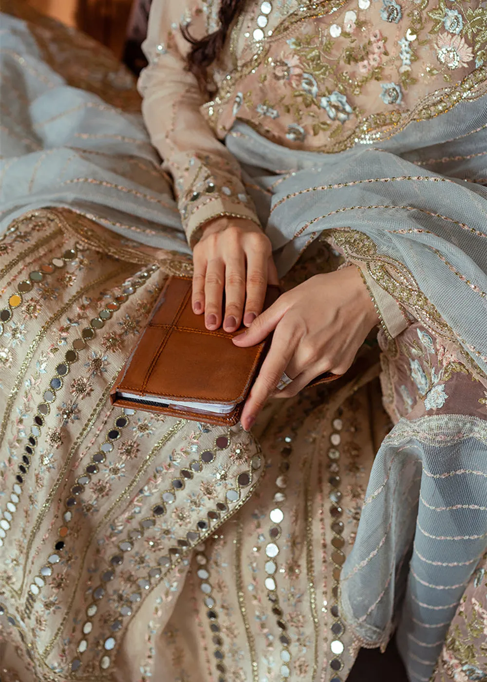 Beige Organza Net Pakistani Suit | Mushq | Qala Kamdaani | Aaima