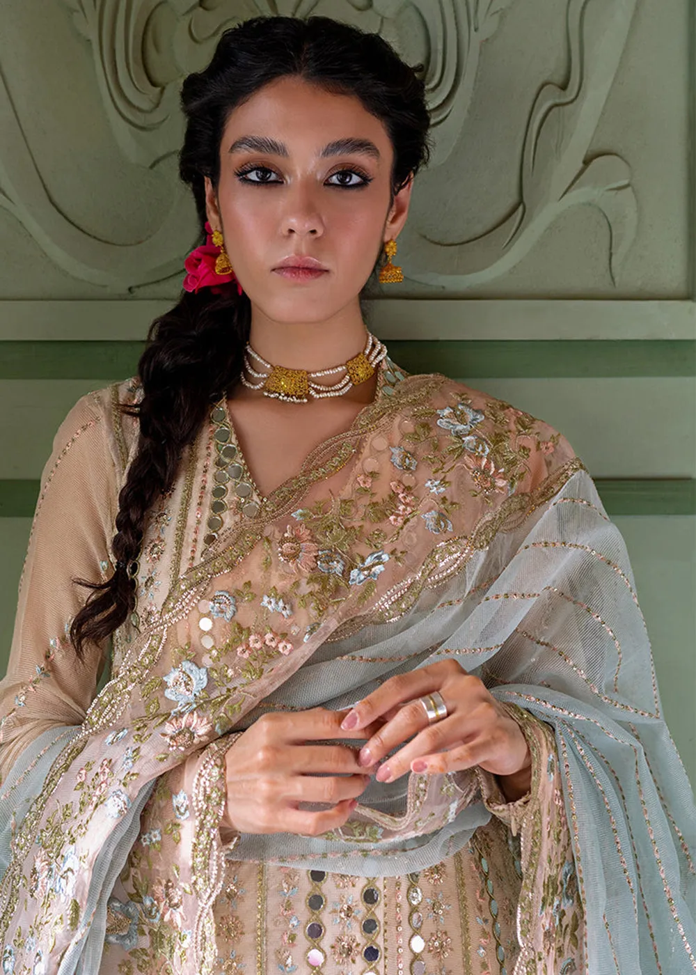 Beige Organza Net Pakistani Suit | Mushq | Qala Kamdaani | Aaima