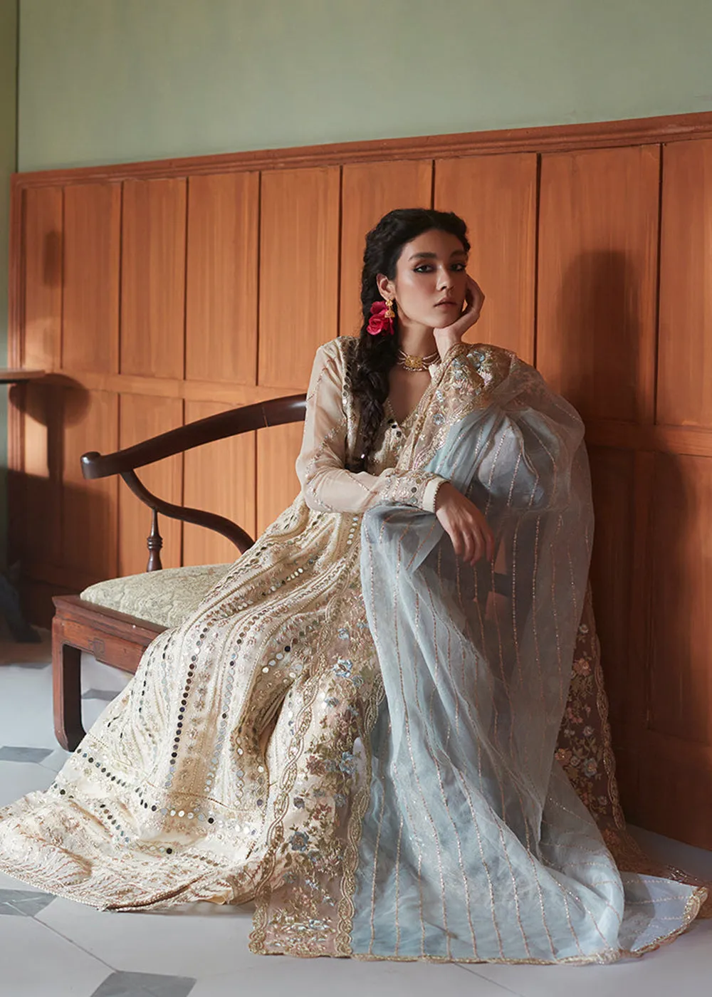 Beige Organza Net Pakistani Suit | Mushq | Qala Kamdaani | Aaima