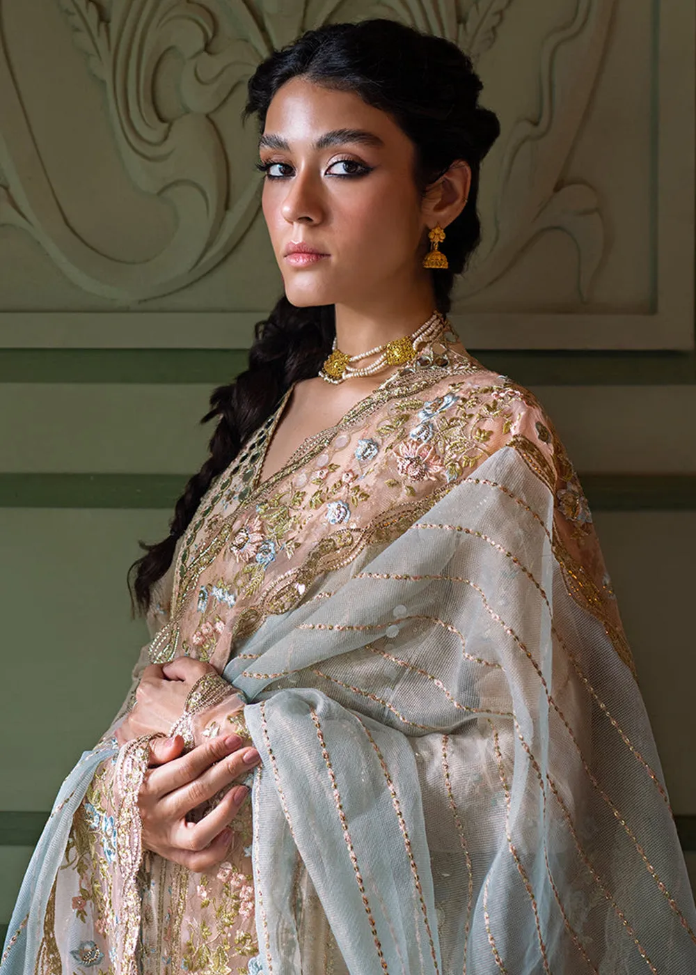 Beige Organza Net Pakistani Suit | Mushq | Qala Kamdaani | Aaima