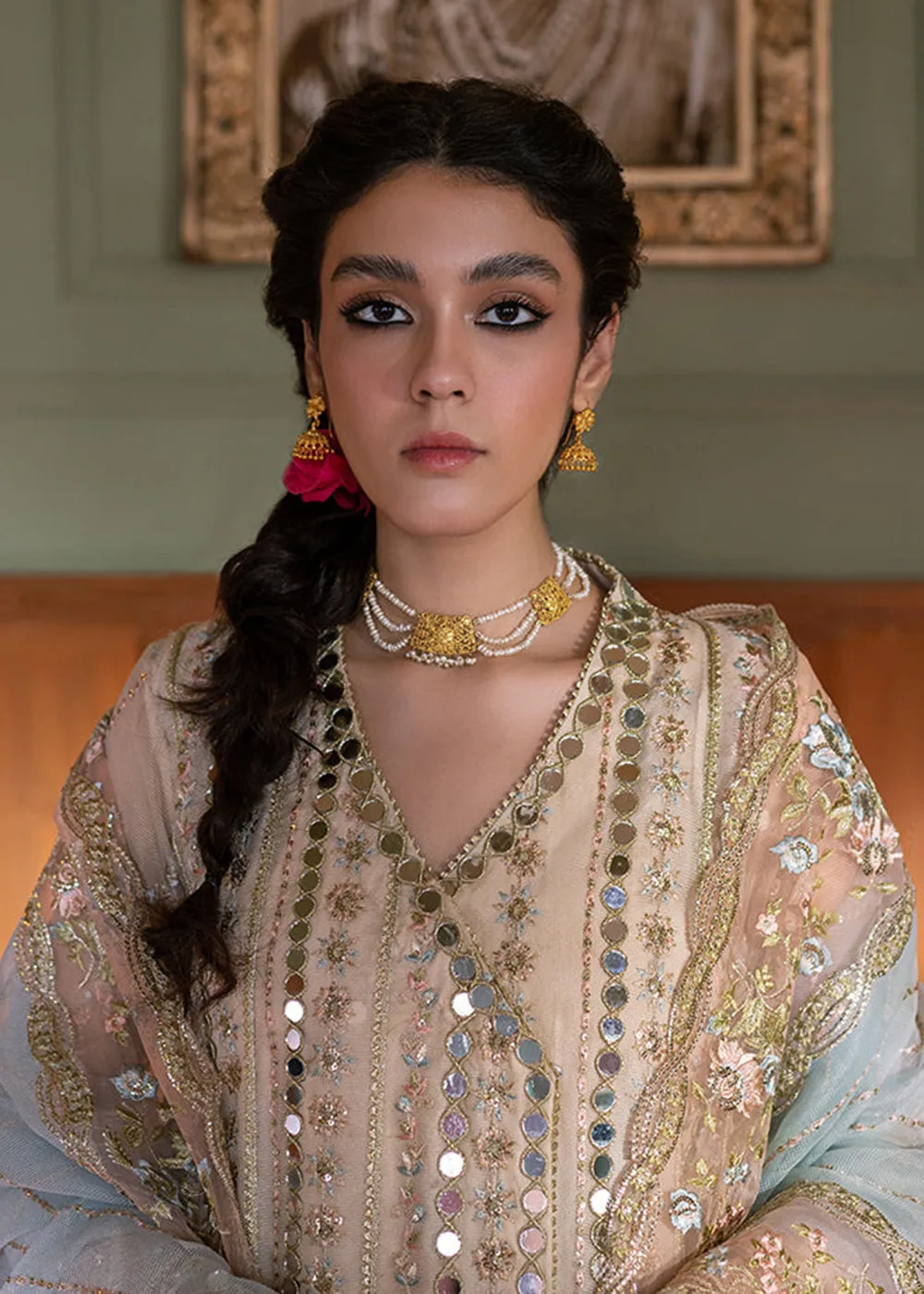 Beige Organza Net Pakistani Suit | Mushq | Qala Kamdaani | Aaima