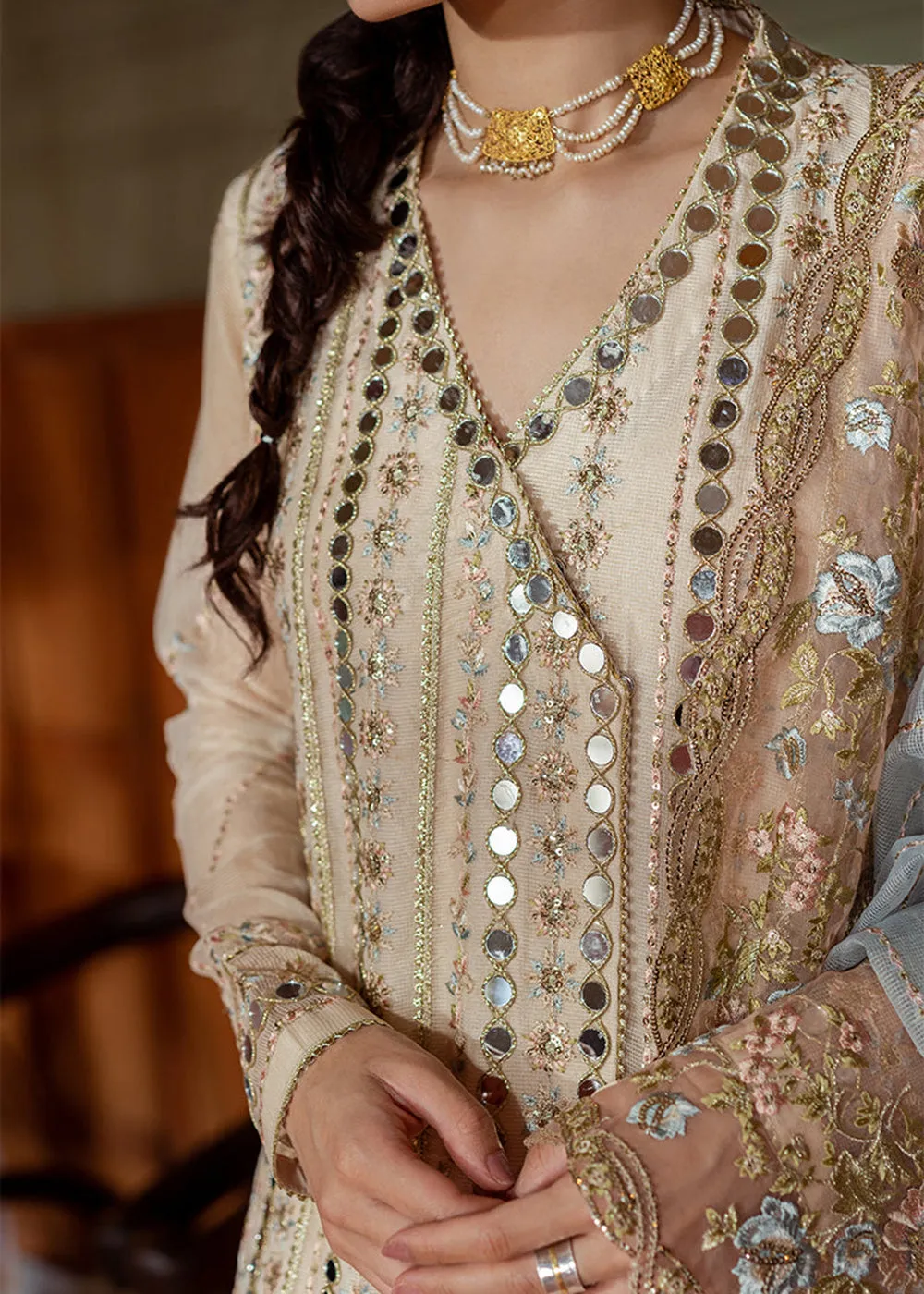 Beige Organza Net Pakistani Suit | Mushq | Qala Kamdaani | Aaima