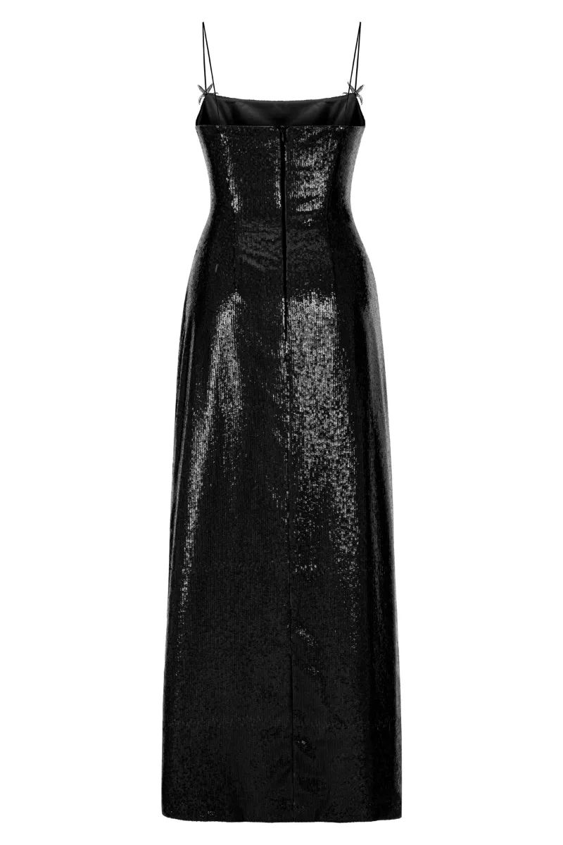 BLACK SEQUINED SLIT MAXI DRESS