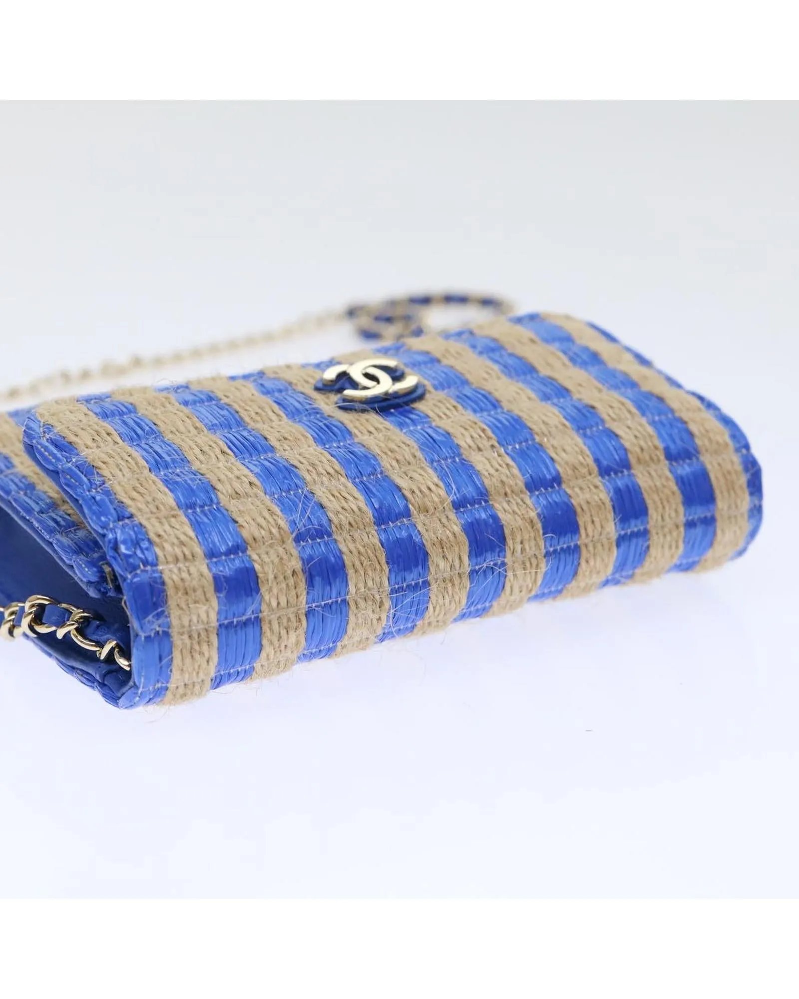 Blue Beige Raffia Shoulder Bag with Chain Strap