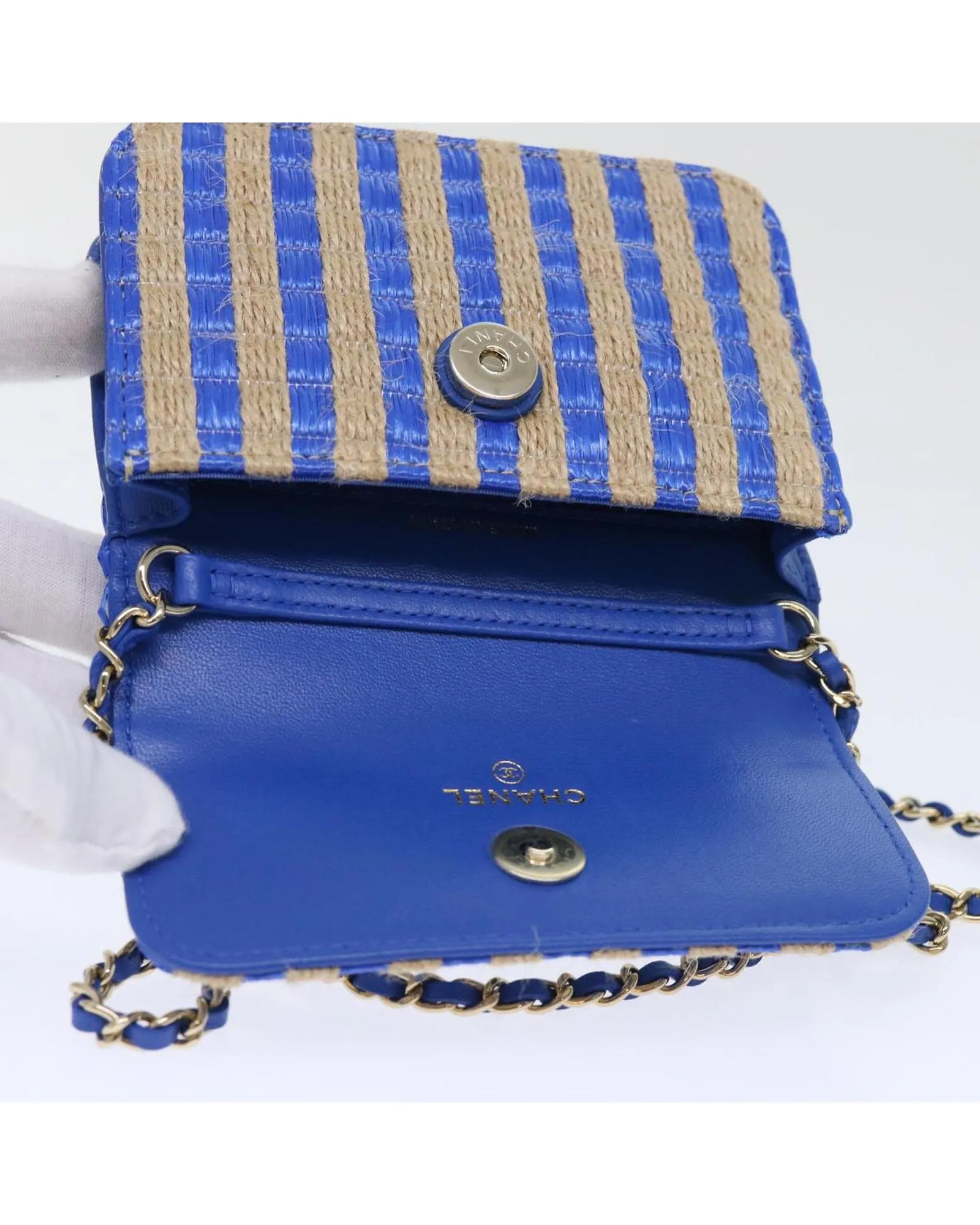 Blue Beige Raffia Shoulder Bag with Chain Strap