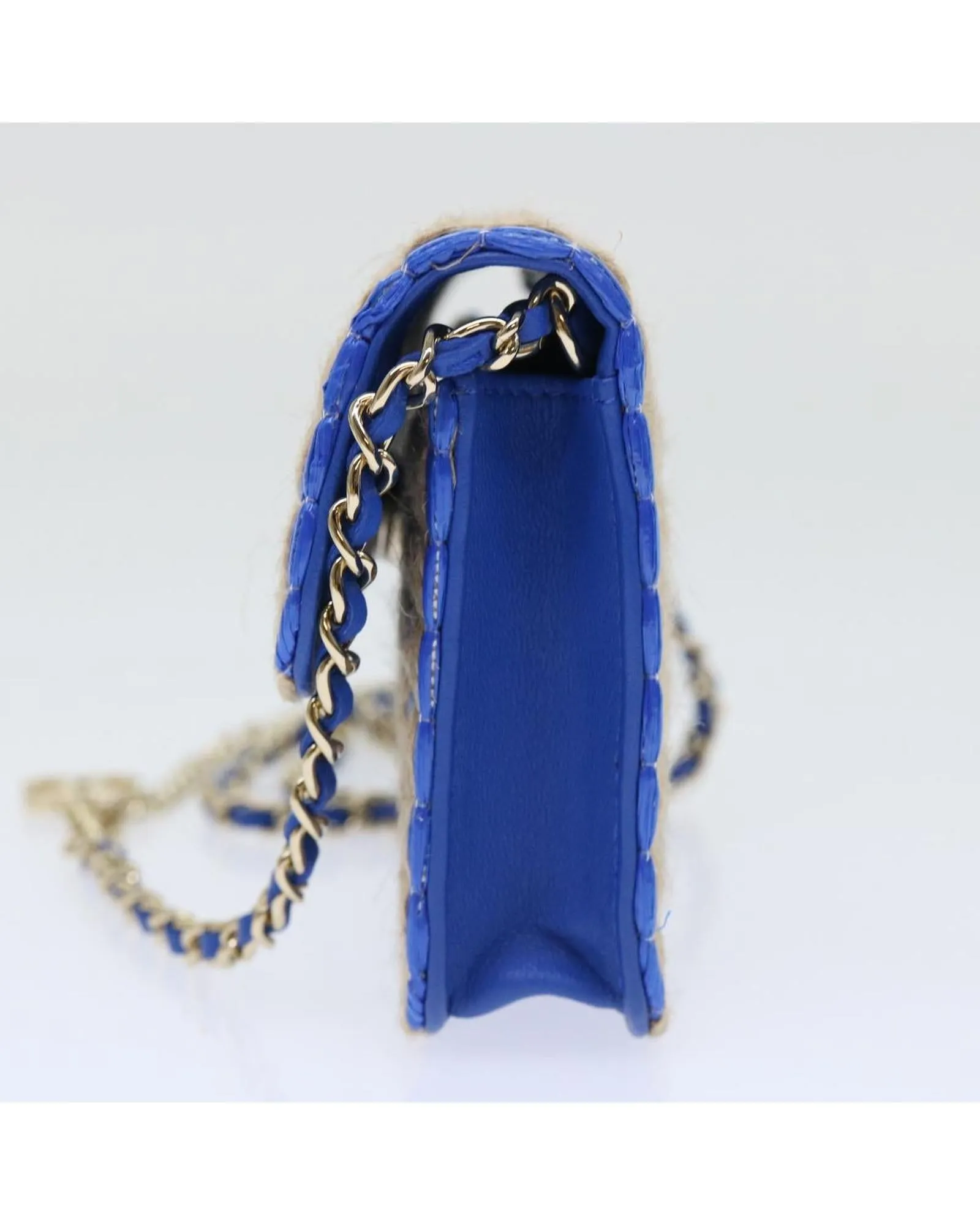 Blue Beige Raffia Shoulder Bag with Chain Strap