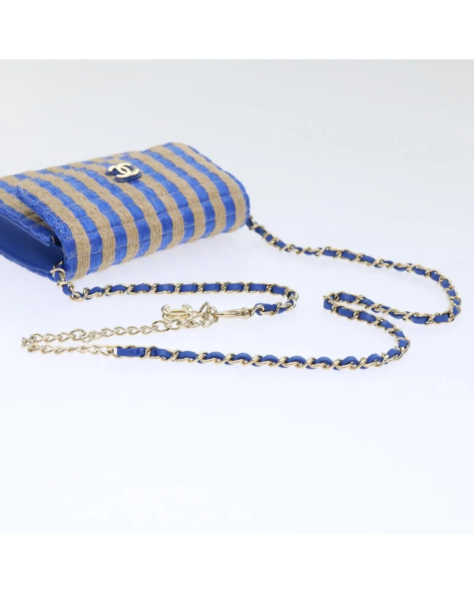 Blue Beige Raffia Shoulder Bag with Chain Strap