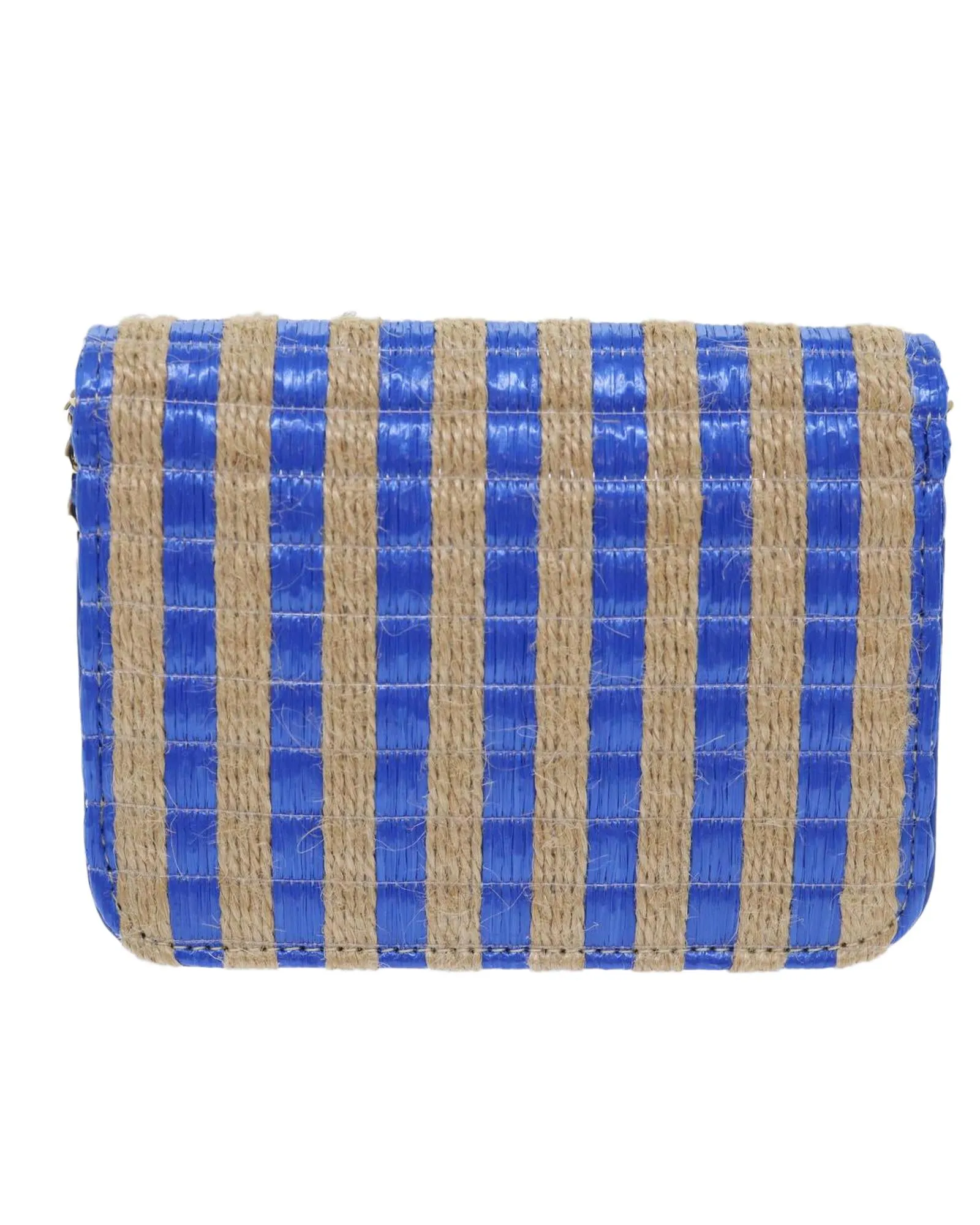 Blue Beige Raffia Shoulder Bag with Chain Strap