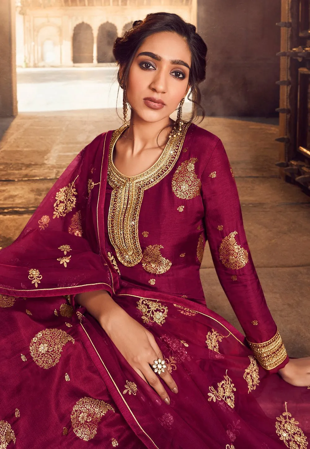 Bright Pink Zari Embroidered Lehenga Style Suit