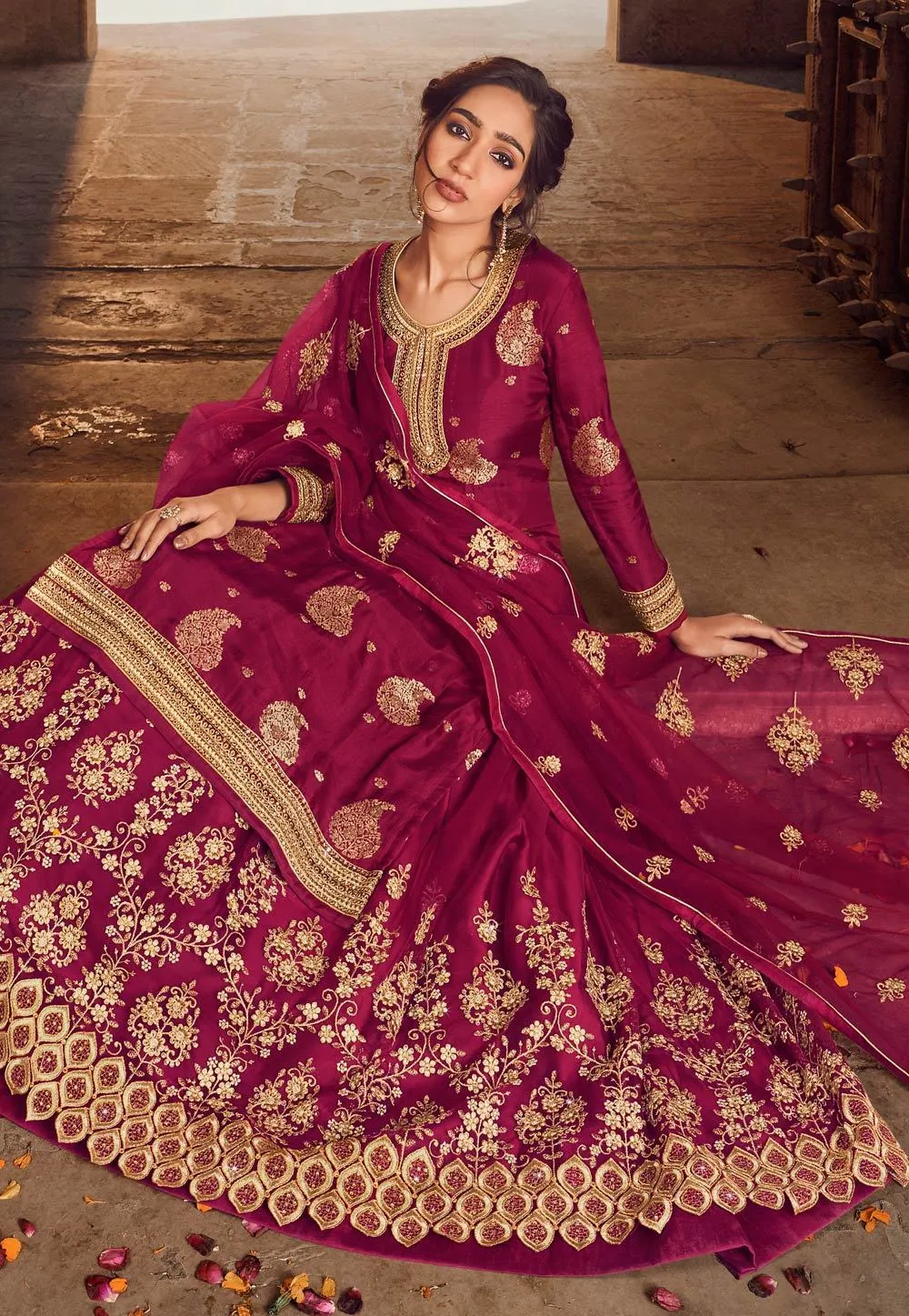 Bright Pink Zari Embroidered Lehenga Style Suit