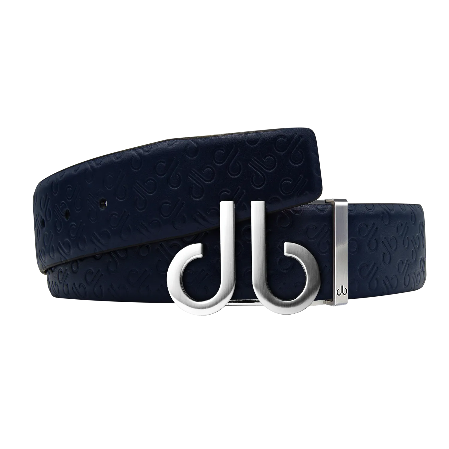 Dark Blue Db Icon Pattern Embossed Leather Belt With Druh Db Silver Icon Buckle