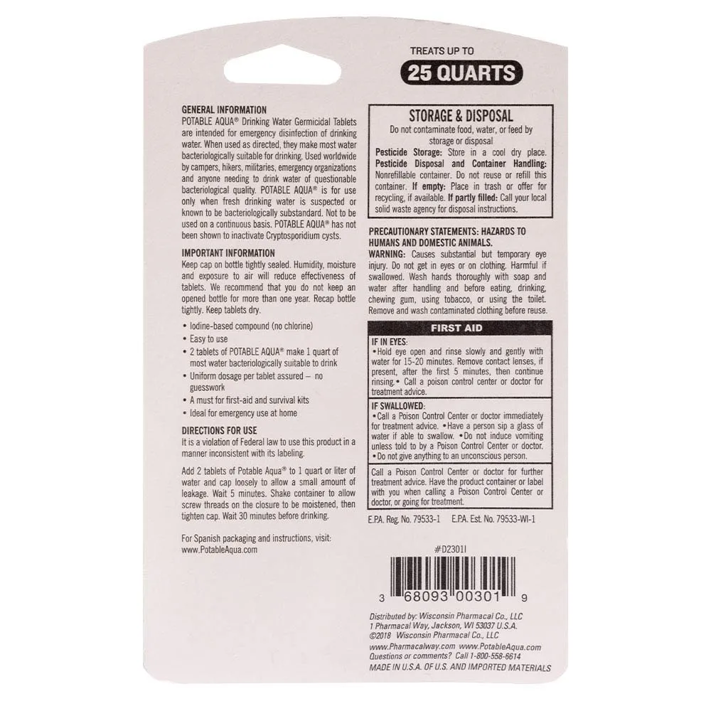 Drinking Water Treatment Tablets by Potable Aqua (50 germicidal tablets)