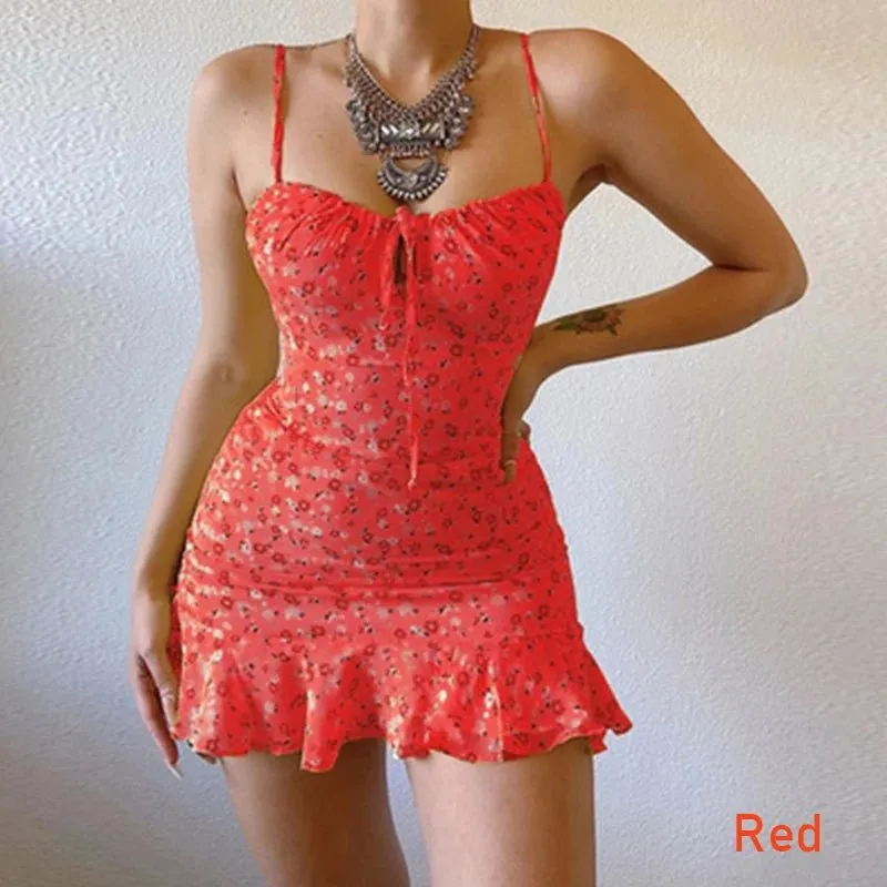 Floral Print Strap Mini Dress: Sundress with Sexy Ruffle Details