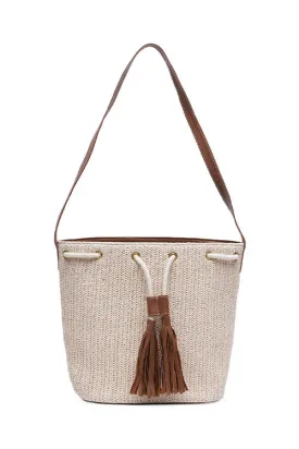Ivory Raffia Drawstring Bucket Bag