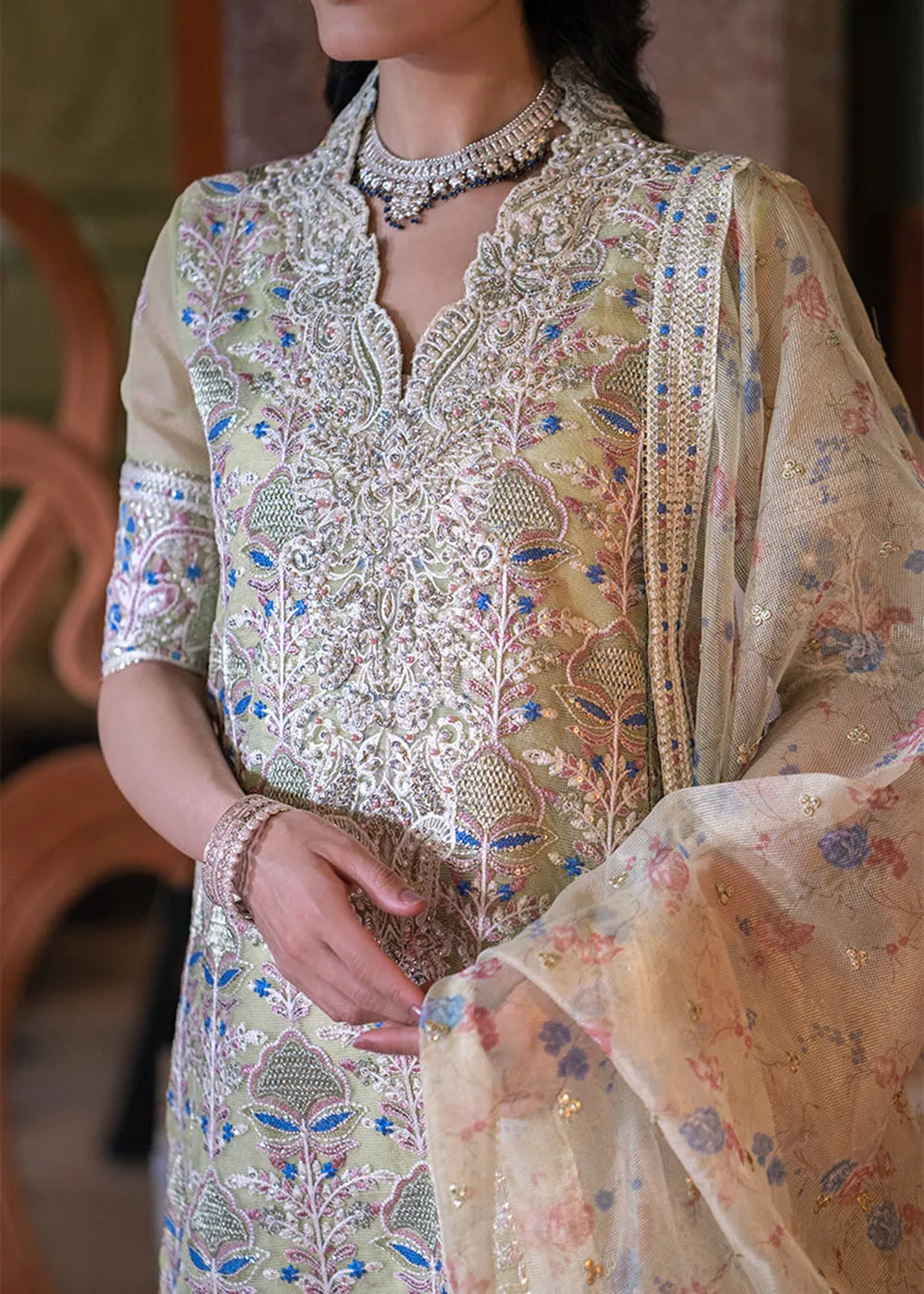 Lime Yellow Organza Net Pakistani Suit | Mushq | Qala Kamdaani | Dina