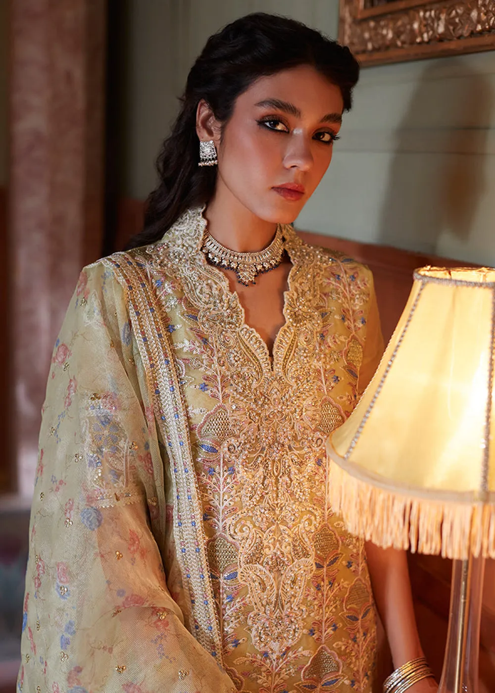 Lime Yellow Organza Net Pakistani Suit | Mushq | Qala Kamdaani | Dina