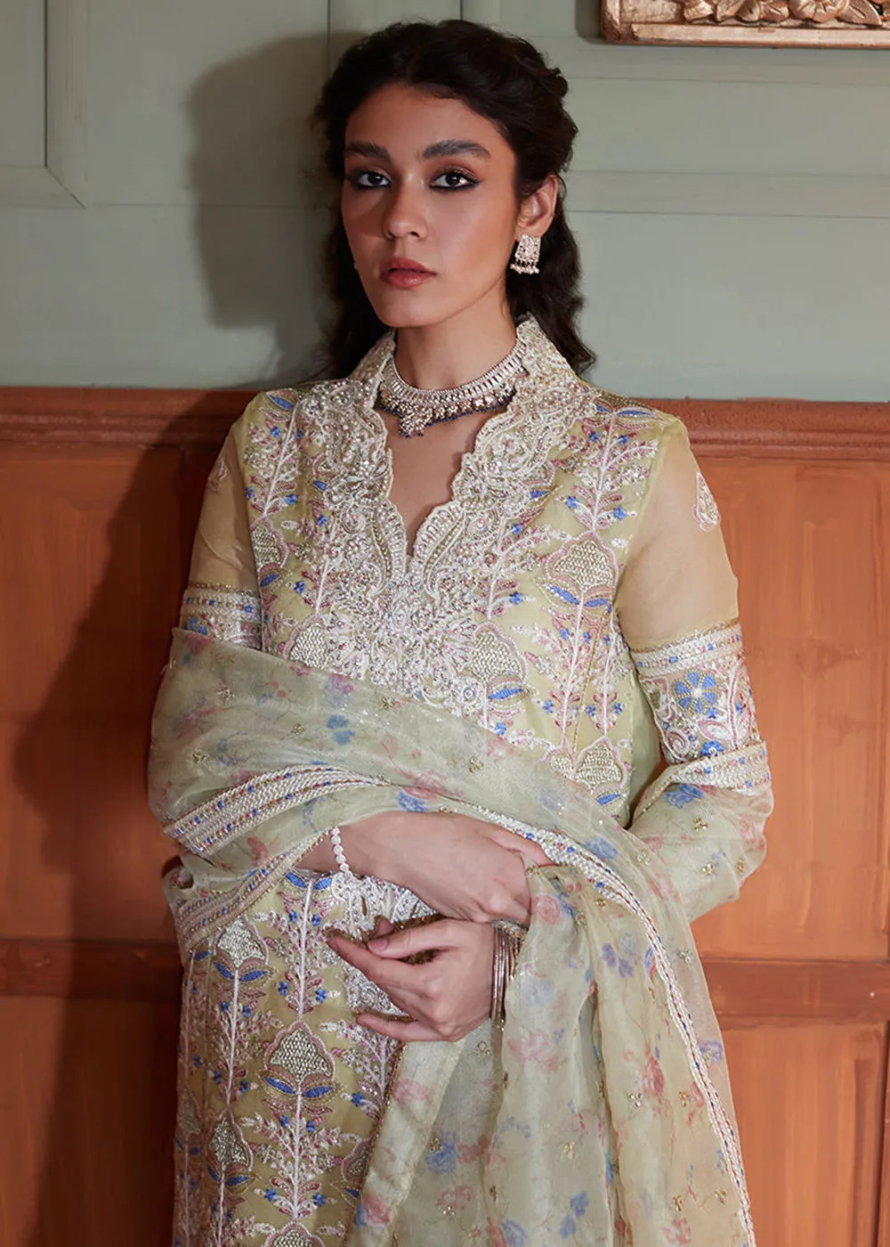 Lime Yellow Organza Net Pakistani Suit | Mushq | Qala Kamdaani | Dina