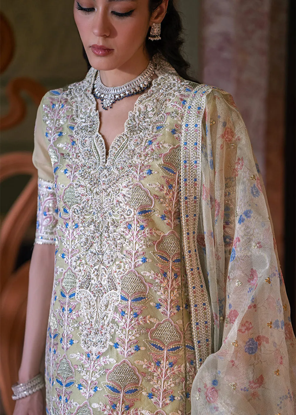 Lime Yellow Organza Net Pakistani Suit | Mushq | Qala Kamdaani | Dina