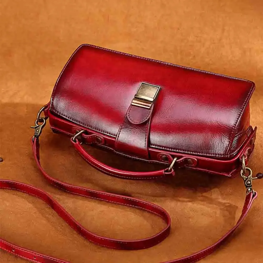 MS Retro Women Doctor Bag Luxury Handmade Genuine Leather Frame Handbag