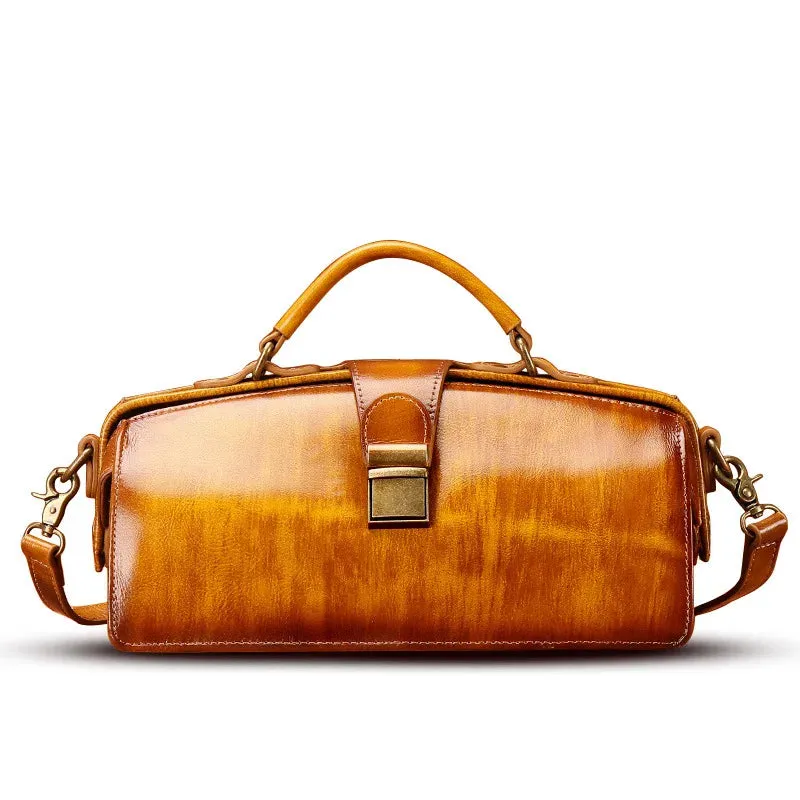 MS Retro Women Doctor Bag Luxury Handmade Genuine Leather Frame Handbag