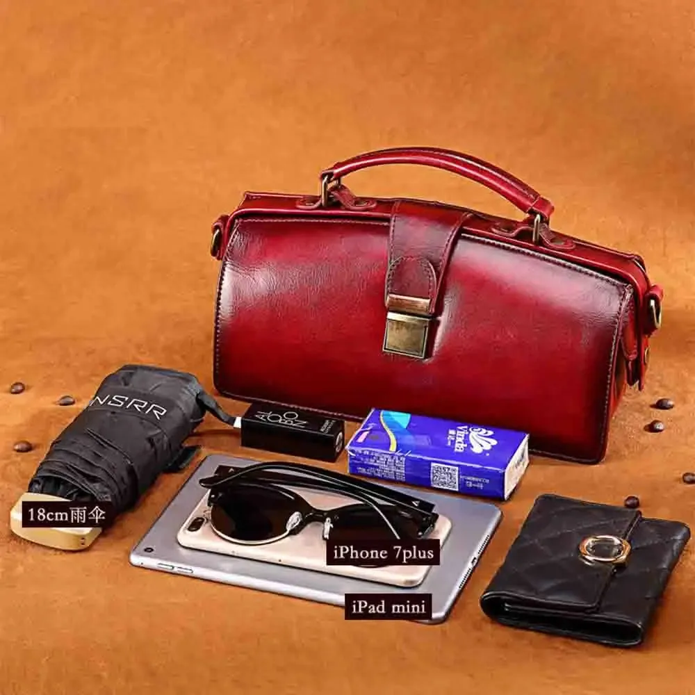 MS Retro Women Doctor Bag Luxury Handmade Genuine Leather Frame Handbag