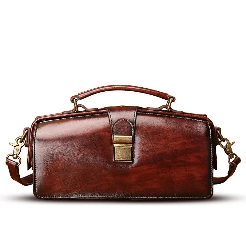 MS Retro Women Doctor Bag Luxury Handmade Genuine Leather Frame Handbag