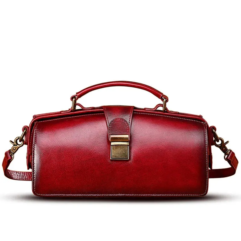 MS Retro Women Doctor Bag Luxury Handmade Genuine Leather Frame Handbag