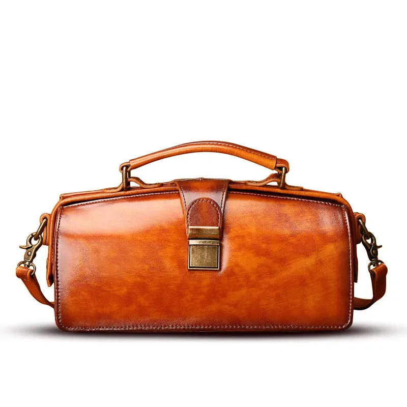 MS Retro Women Doctor Bag Luxury Handmade Genuine Leather Frame Handbag