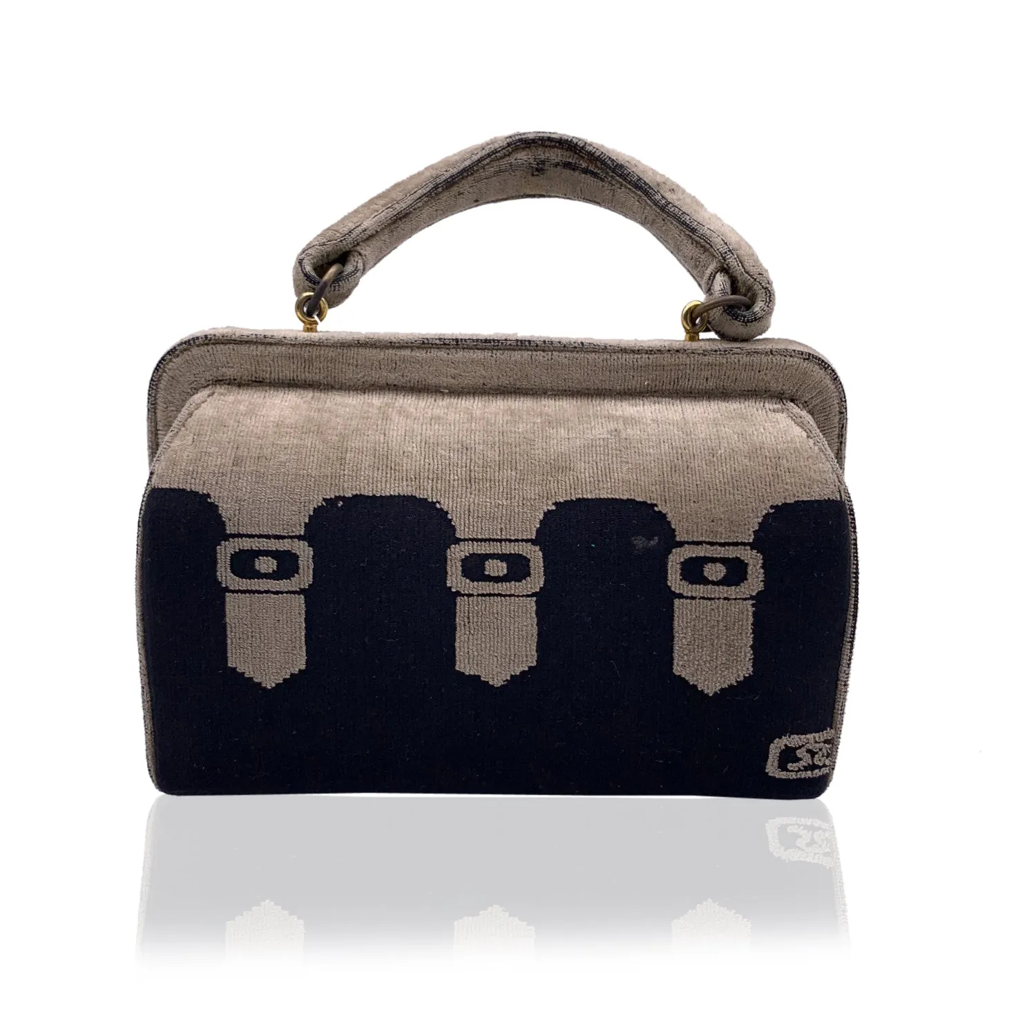 Roberta Di Camerino Vintage Beige and Black Velvet Doctor Bag Handbag