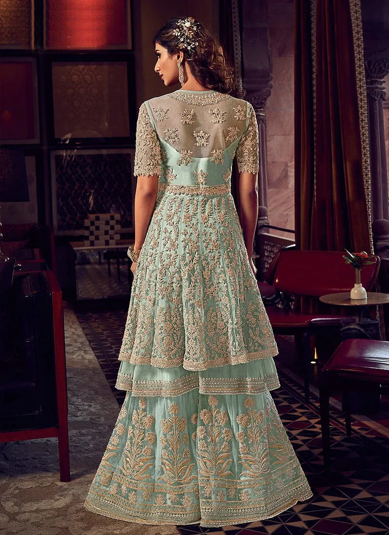 Sea Green Embroidered Party Wear Sharara Suit