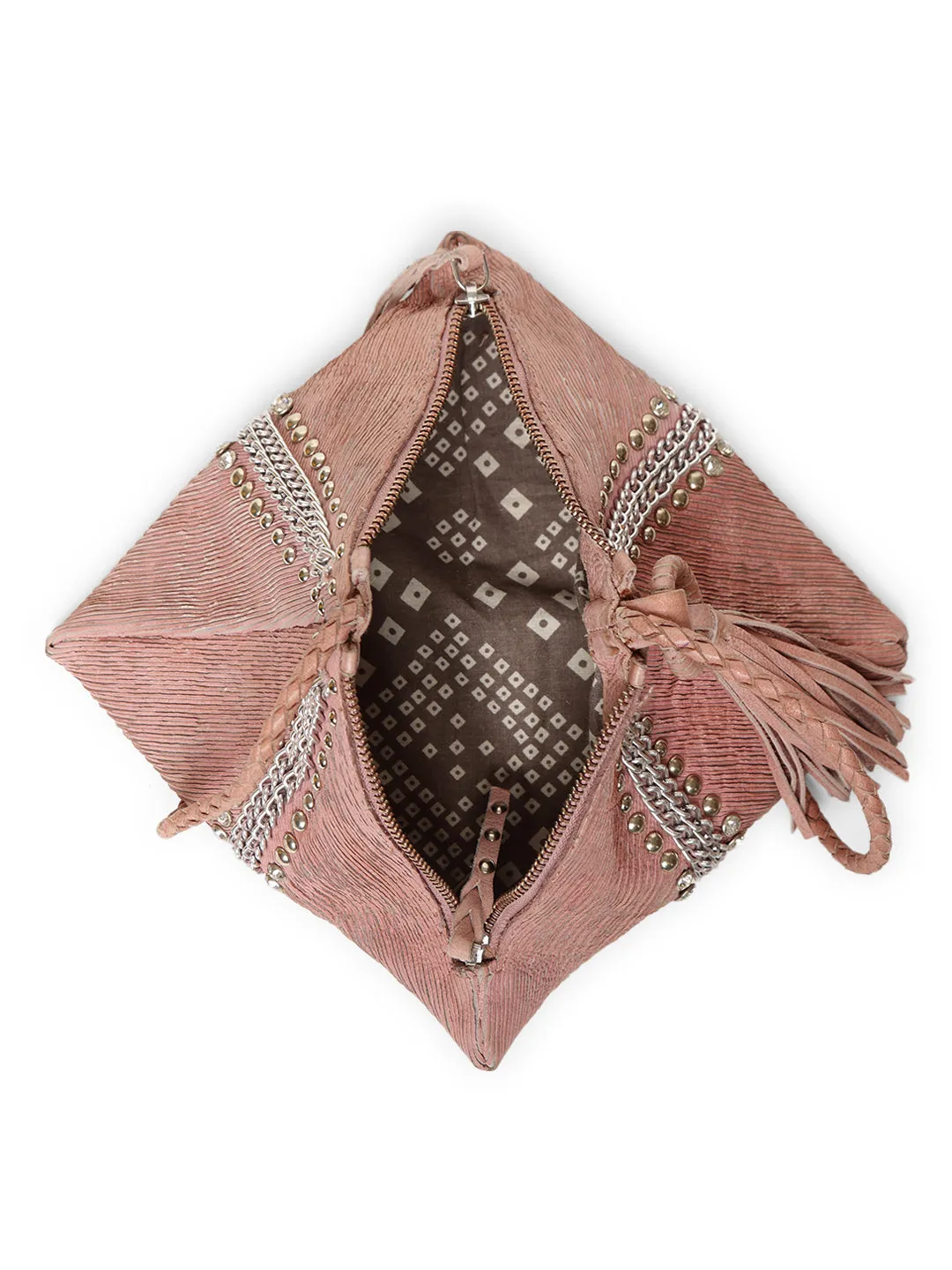 SILVIA: Blush Sleek Leather Bag in Triangular Form By Art N Vintage
