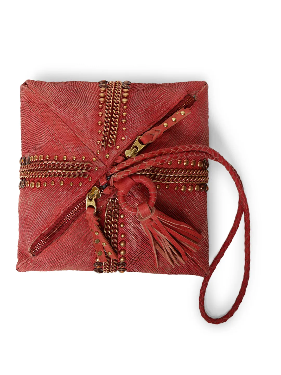 SILVIA: Red Sleek Leather Bag in Triangular Form By Art N Vintage