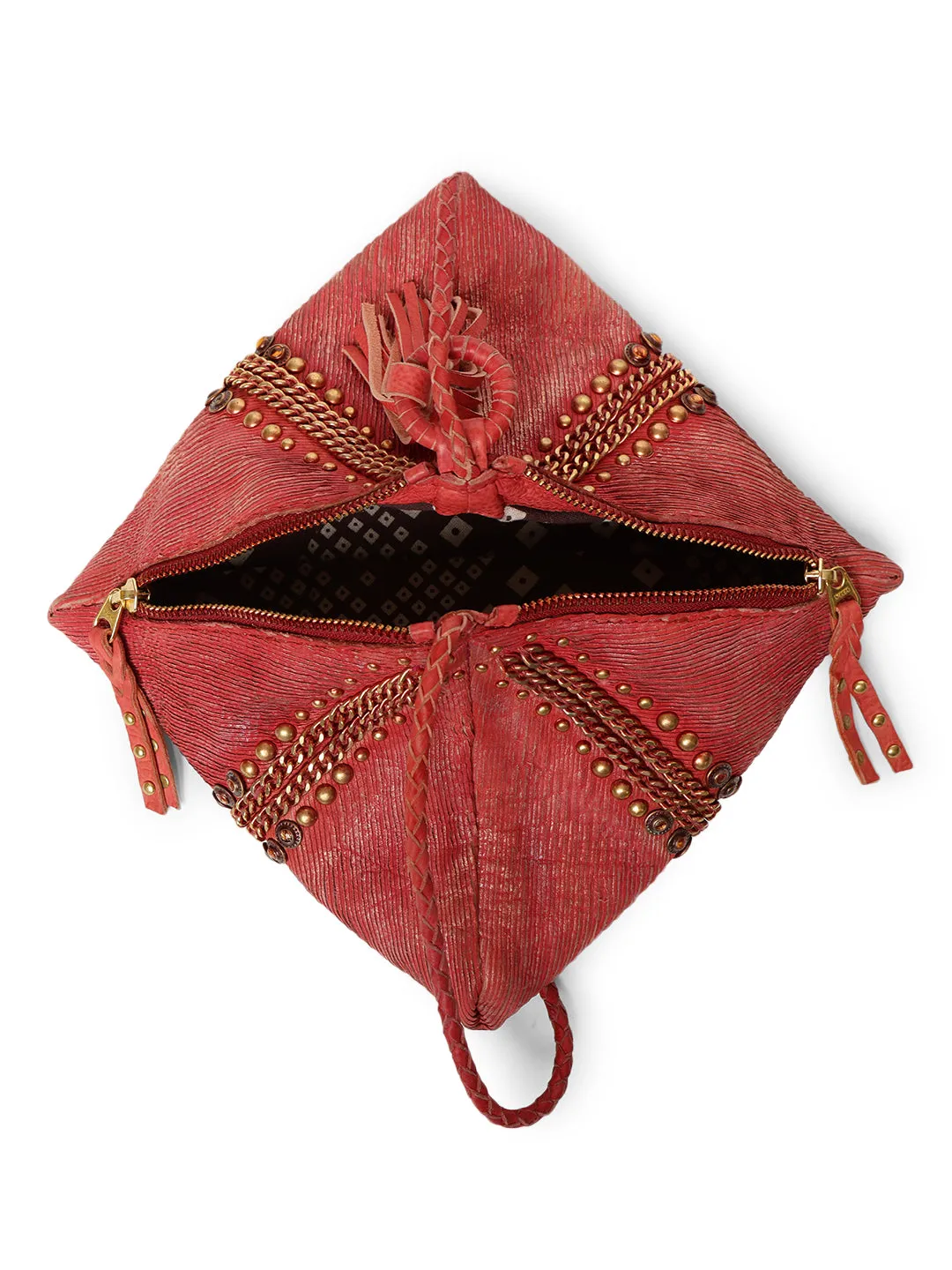 SILVIA: Red Sleek Leather Bag in Triangular Form By Art N Vintage