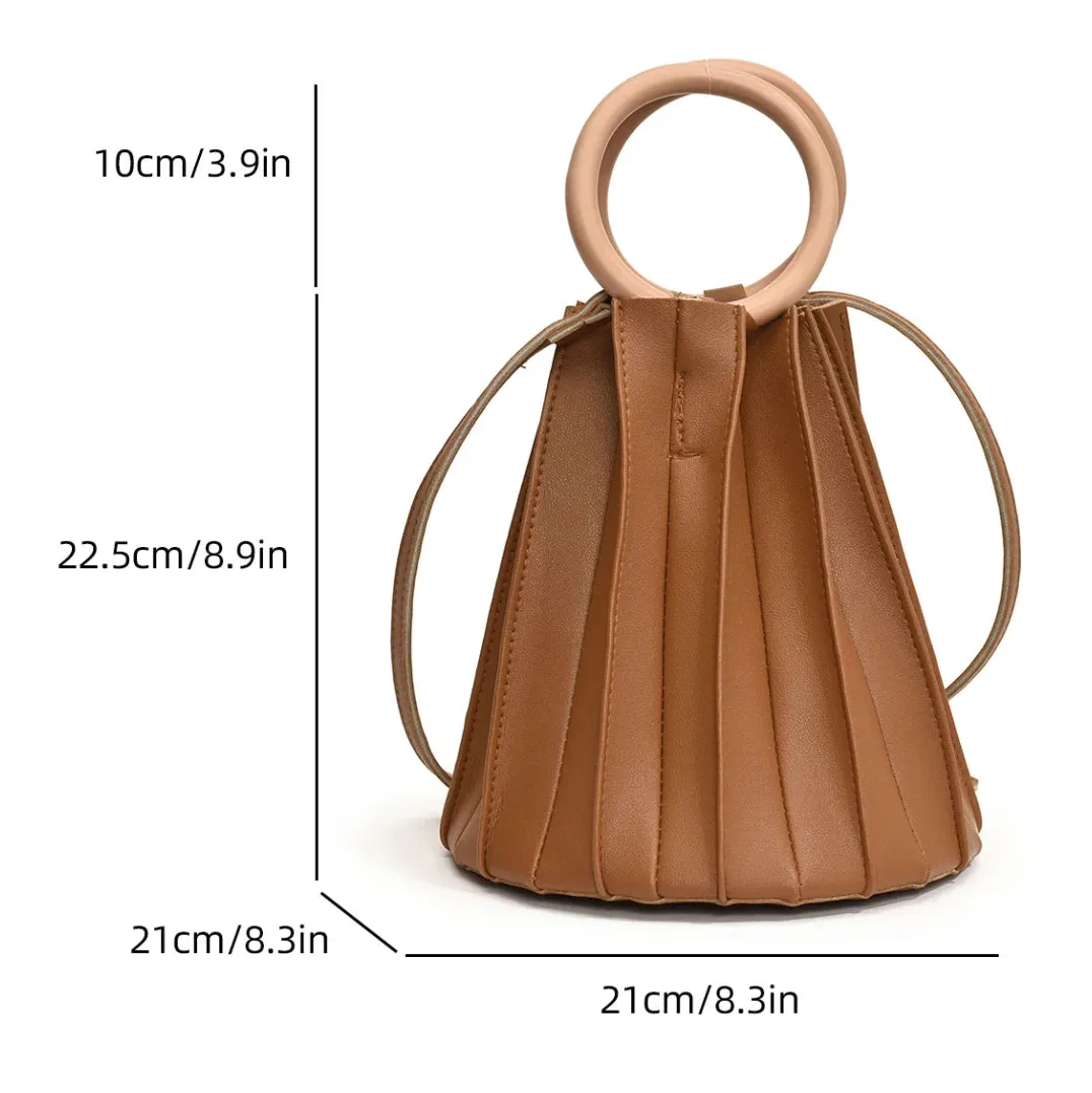 TAVIMART  -  Retro Round Wood Handle Tote Clutch Bag For Women Designer Pleated Striped Bucket Handbag Pu Leather Shoulder Crossbody Bags