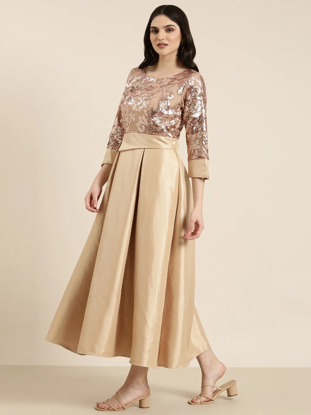 Women Gold Embellished Fit and Flare Dress