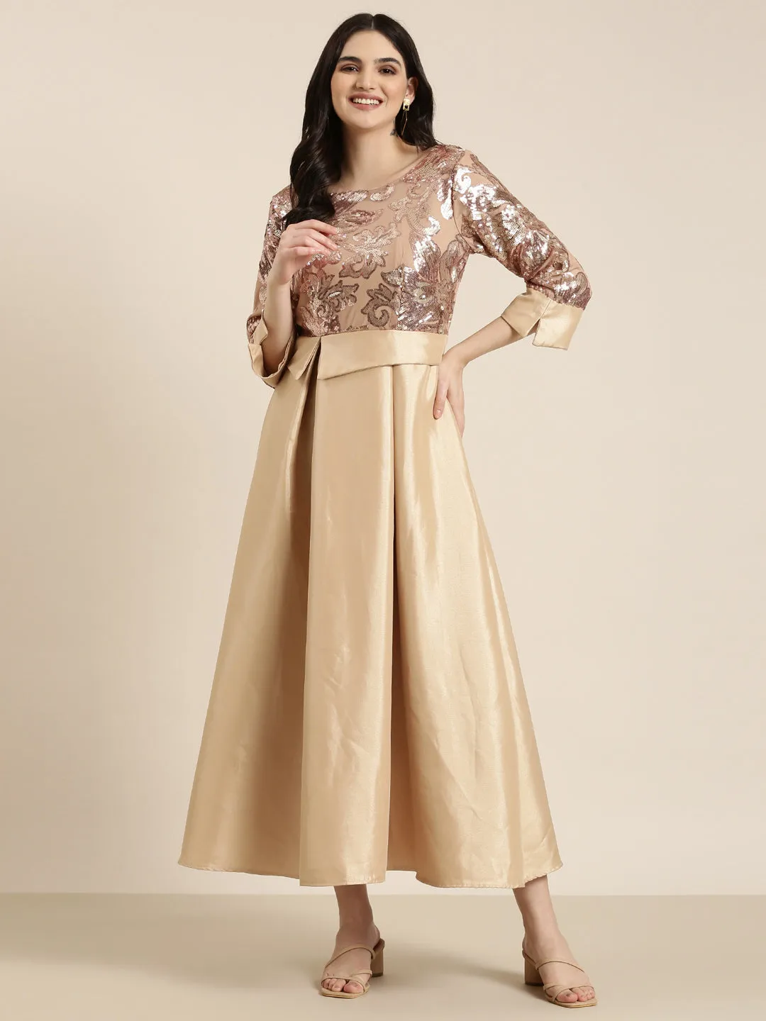 Women Gold Embellished Fit and Flare Dress