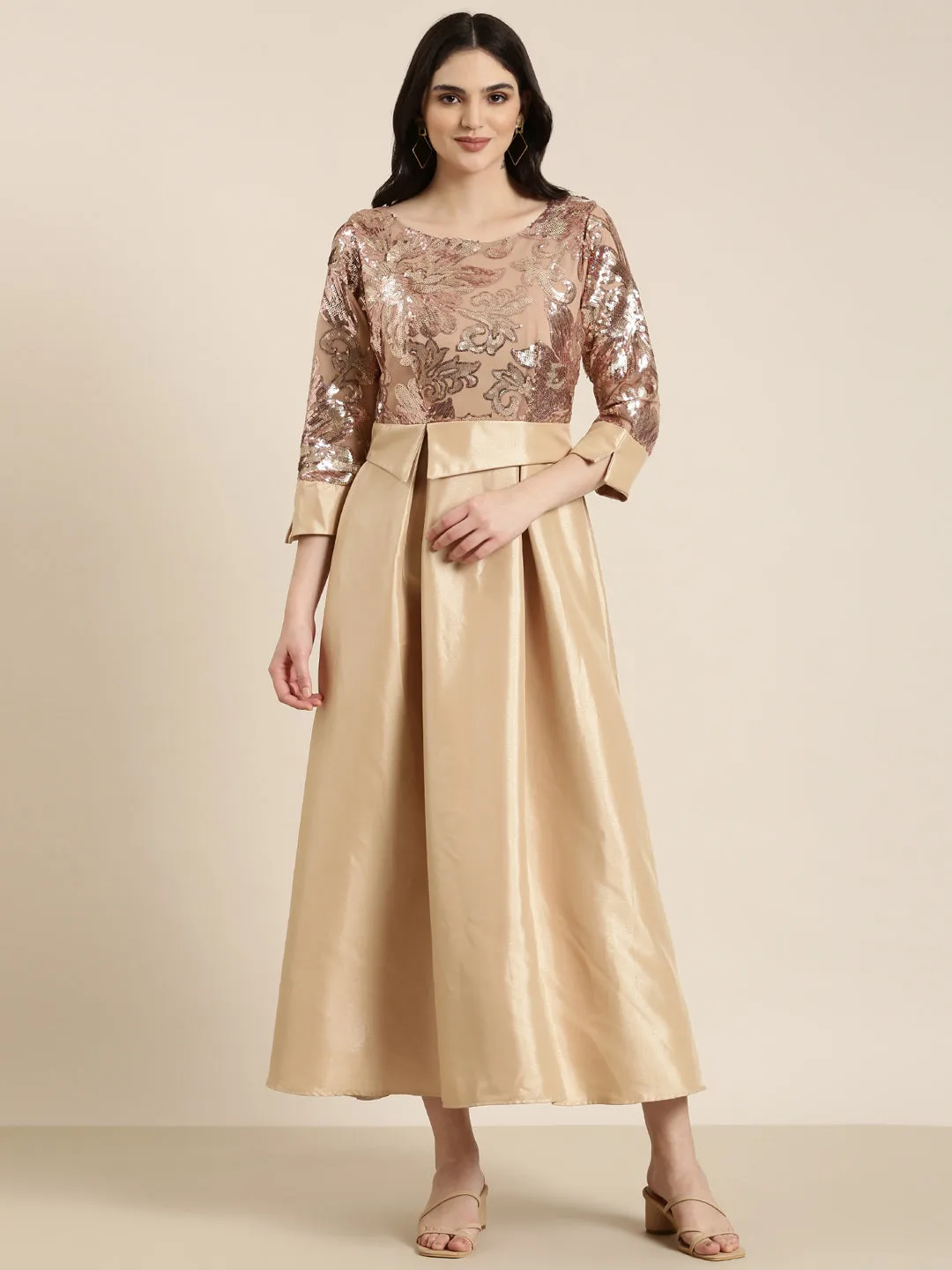 Women Gold Embellished Fit and Flare Dress